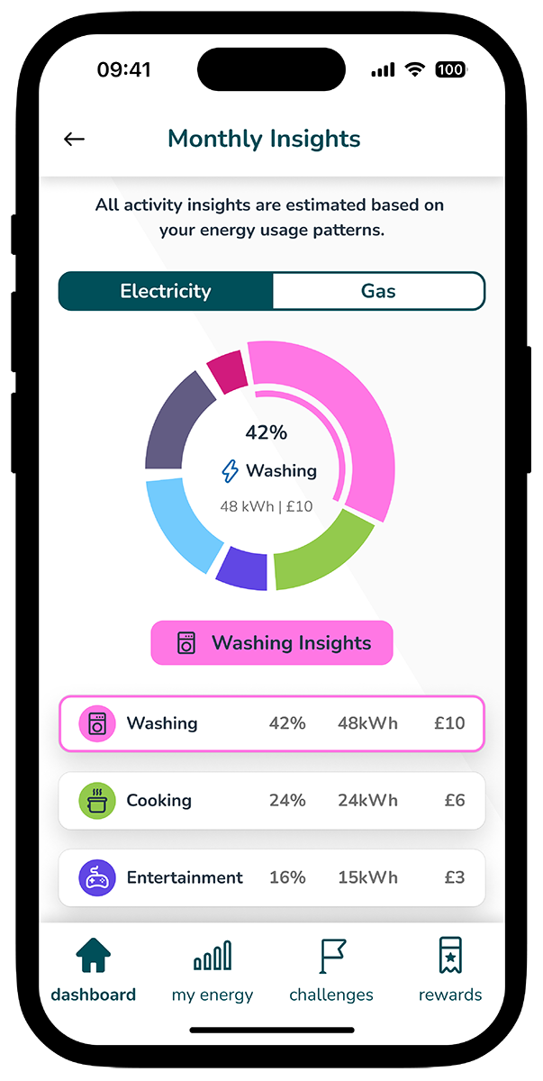 Ivie app interface showing sample electricity and gas usage, broken down into washing, cooking and entertainment, and how much cost per activity a person would spend over a period of time